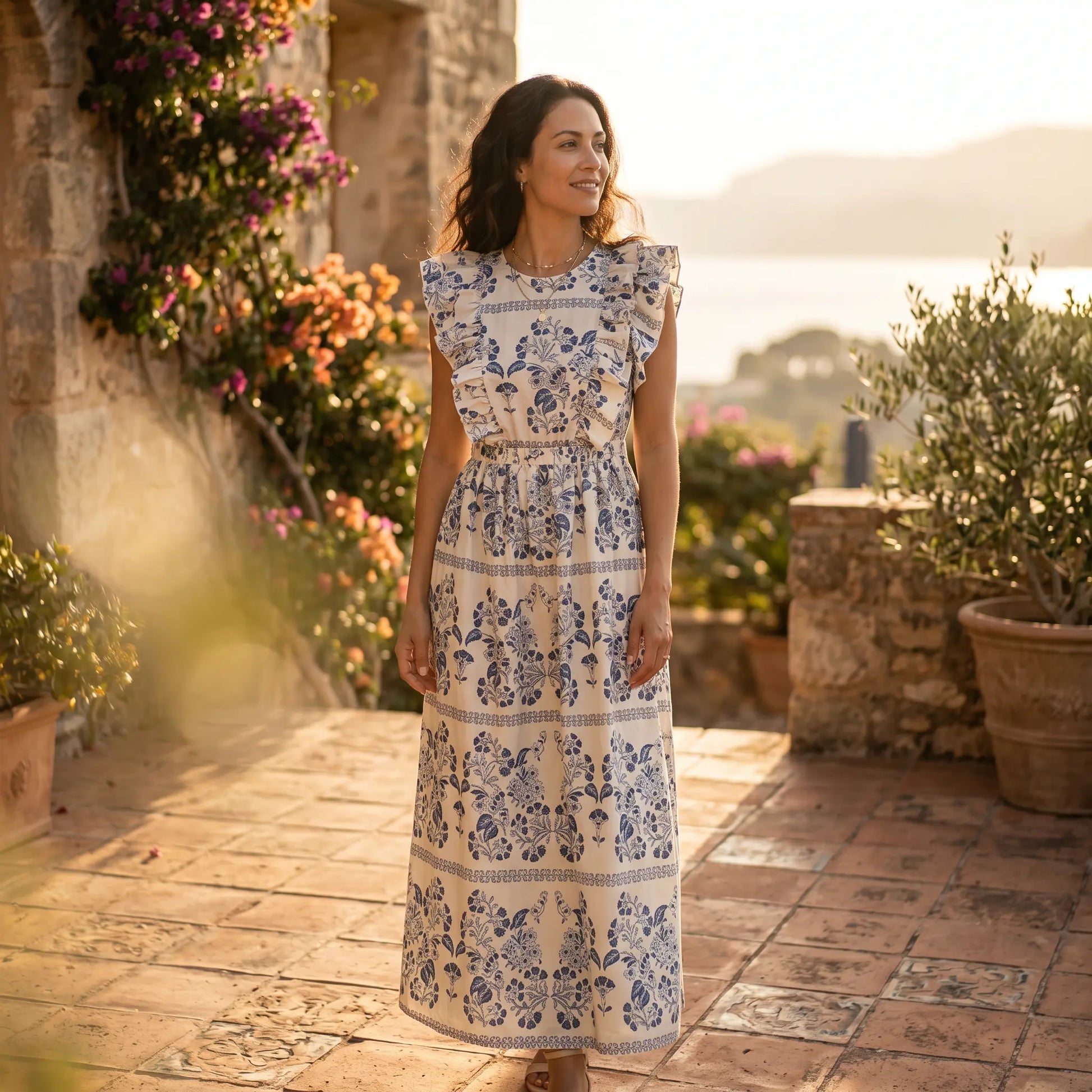 A woman models a white floral maxi dress with blue botanical print, ruffled cap sleeves, and an elasticated waist, standing outdoors in a sunny, picturesque setting with stone walls and flowering plants.