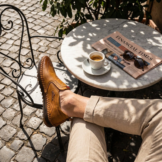 Mokasso men's hand-stitched driving loafer in saddle brown vegan leather worn casually at an outdoor cafe with espresso and newspaper.