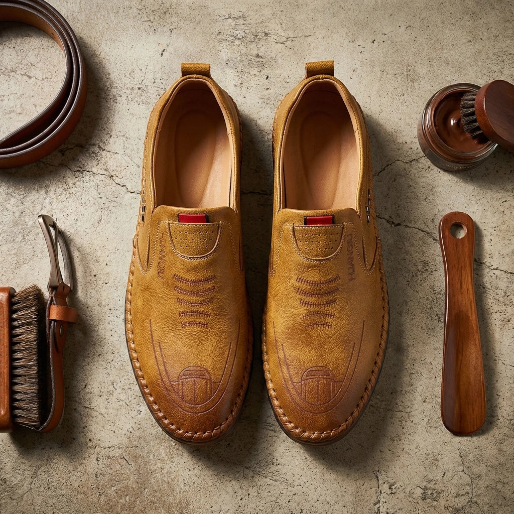 Mokasso men's comfort driving loafers in saddle brown vegan leather, top-down flat lay view styled with shoe care accessories.