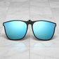 Nalani matte black square clip-on sunglasses with blue mirrored polarized lenses, presented from a front view on a white background.