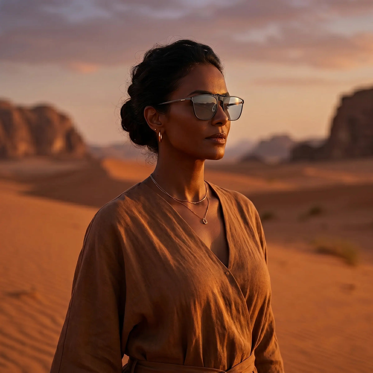 Woman in a desert landscape at sunset, wearing Nalani matte black metal square clip-on sunglasses with grey polarized lenses, looking towards the horizon.