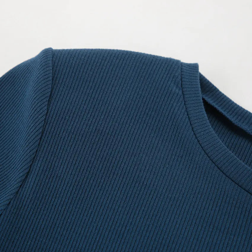 Close-up of a fitted navy ribbed knit dress, showcasing the crew neckline, shoulder detail, and fine vertical ribbing texture.