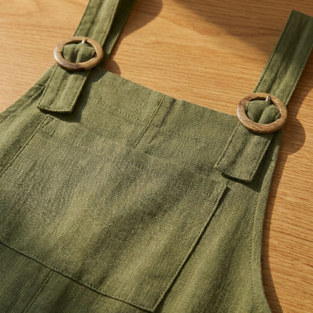Close-up of olive green cotton linen overalls showing the textured fabric weave and wooden buckle strap detail.