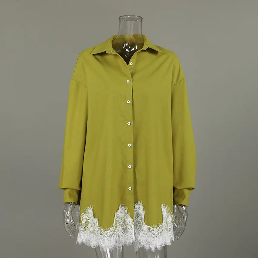 Olive green oversized linen-blend shirt featuring delicate white floral lace trim along the hem, displayed on a mannequin with a front view.