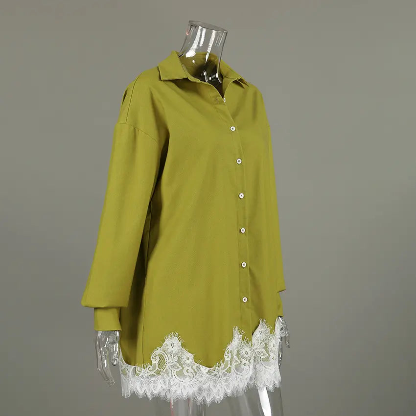 Olive green linen-blend oversized shirt featuring long sleeves and delicate white floral lace trim along the hem, shown from a side view.