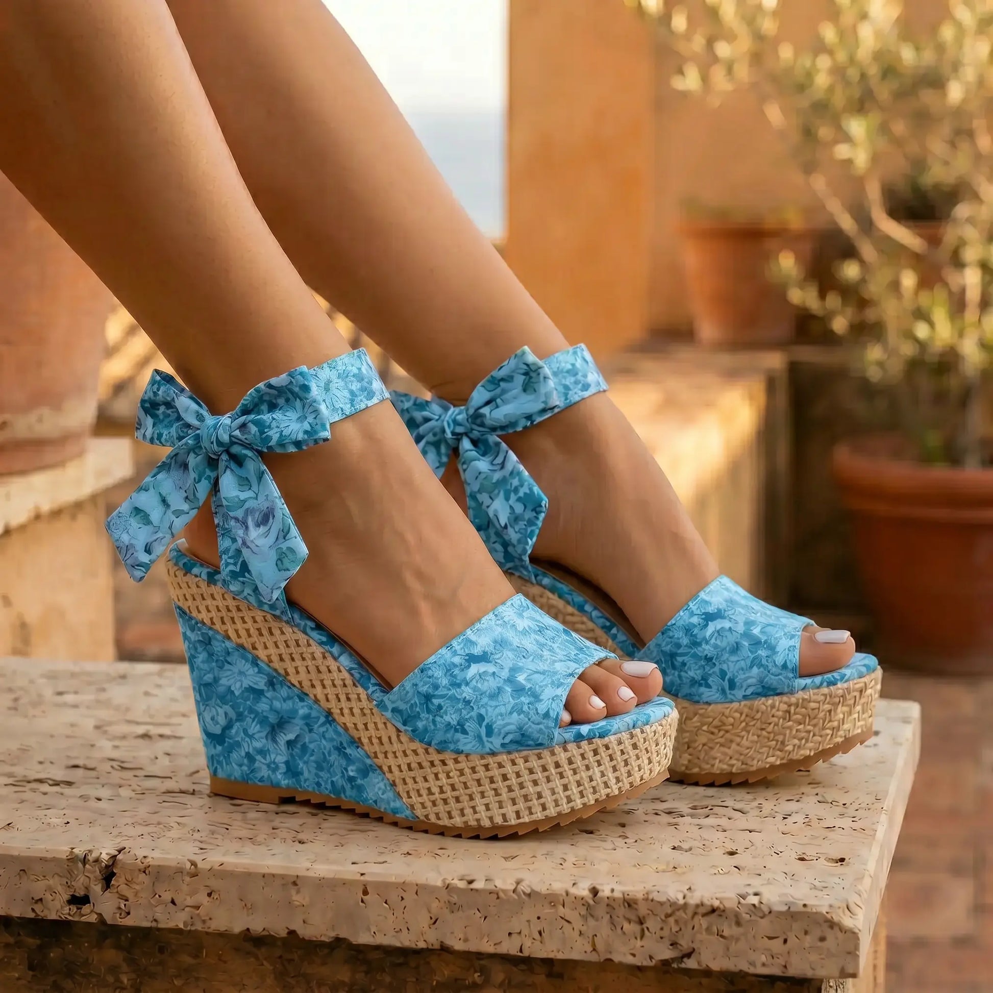 Elegant Oruzen Bohemian espadrille platform wedges in Azure Blossom floral print, featuring ribbon ankle ties and a woven heel, worn on feet in an outdoor setting.