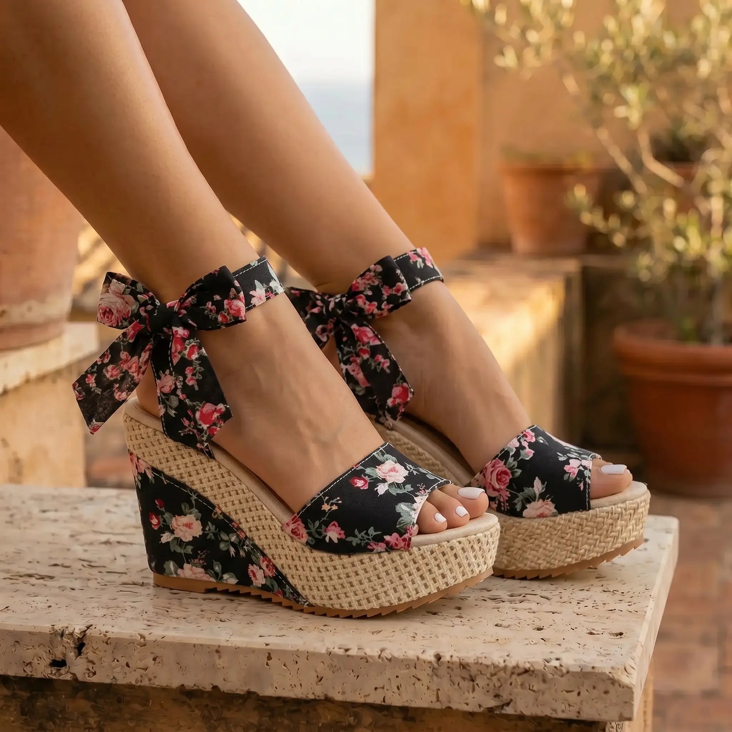 Oruzen black floral espadrille platform wedge sandals, worn on feet, with a peep-toe upper and romantic ribbon ankle ties. Displayed outdoors.