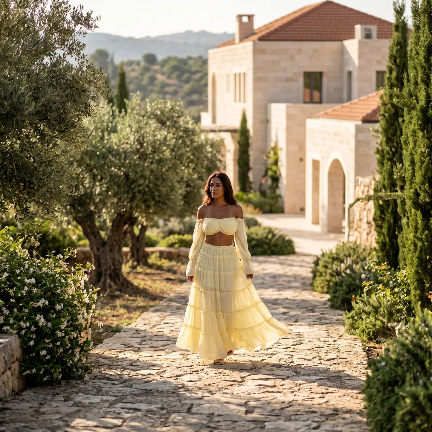 Model wearing a pale yellow bohemian off-shoulder tiered maxi set with long bell sleeves, walking on a sunlit stone path in a garden.