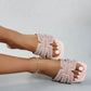 Ayori pink rhinestone embellished square-toe flat slide sandals worn on a model's feet, showcasing the intricate embellishments and comfortable slip-on design.
