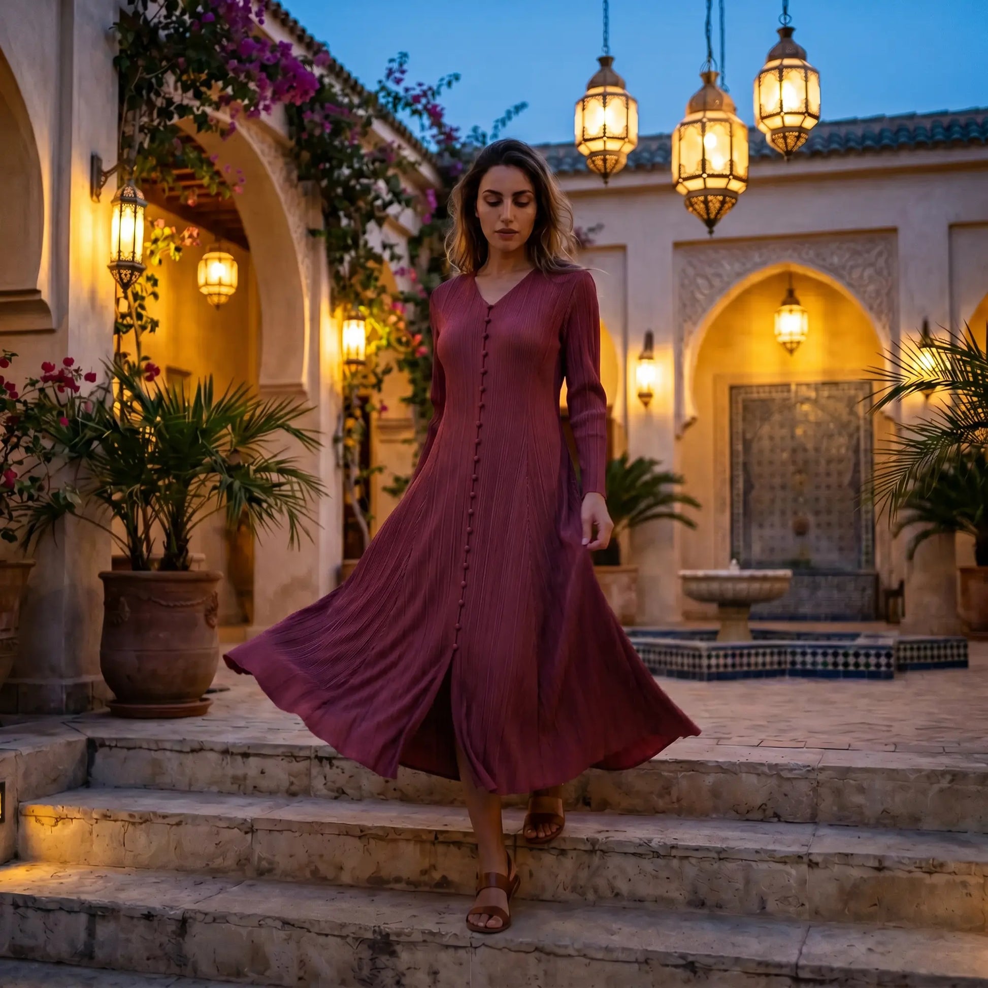 Elegant woman in a flowing Burgundy Wine pleated midi dress with V-neck and long sleeves, walking down steps in a romantic setting.
