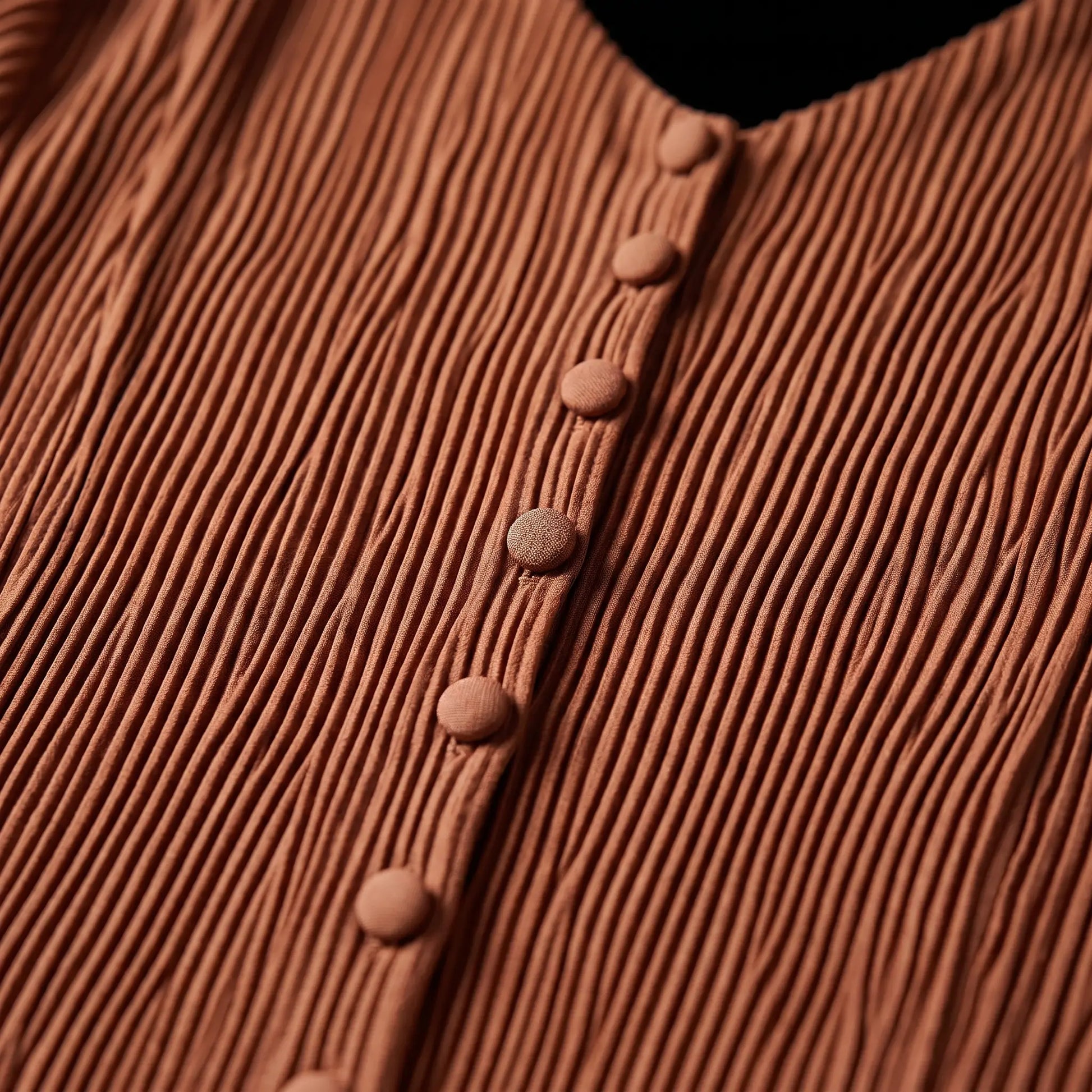 Close-up of the Zethrin pleated midi dress in Terracotta Red, highlighting the finely textured micro-pleats and matching fabric-covered buttons along the V-neckline placket.