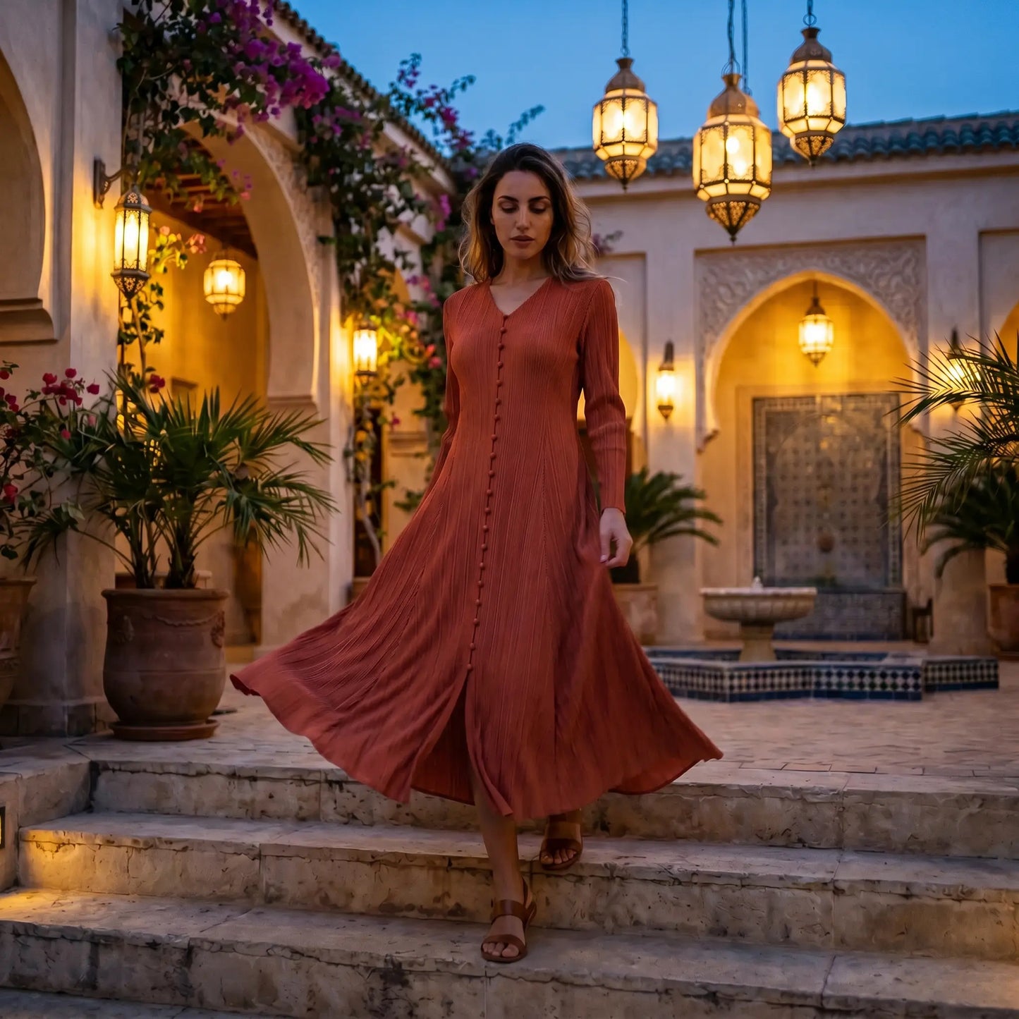 Model wearing a Zethrin Terracotta Red pleated V-neck midi dress with long sleeves and delicate front buttons, gracefully descending stone steps in an ambient, lantern-lit courtyard.