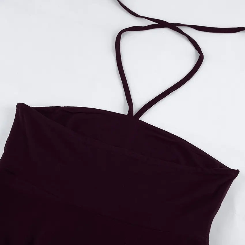 Close-up of a deep plum ribbed halter neck crop top, showcasing thin adjustable straps tied at the nape of the neck and a form-fitting silhouette. Studio shot on a white background.