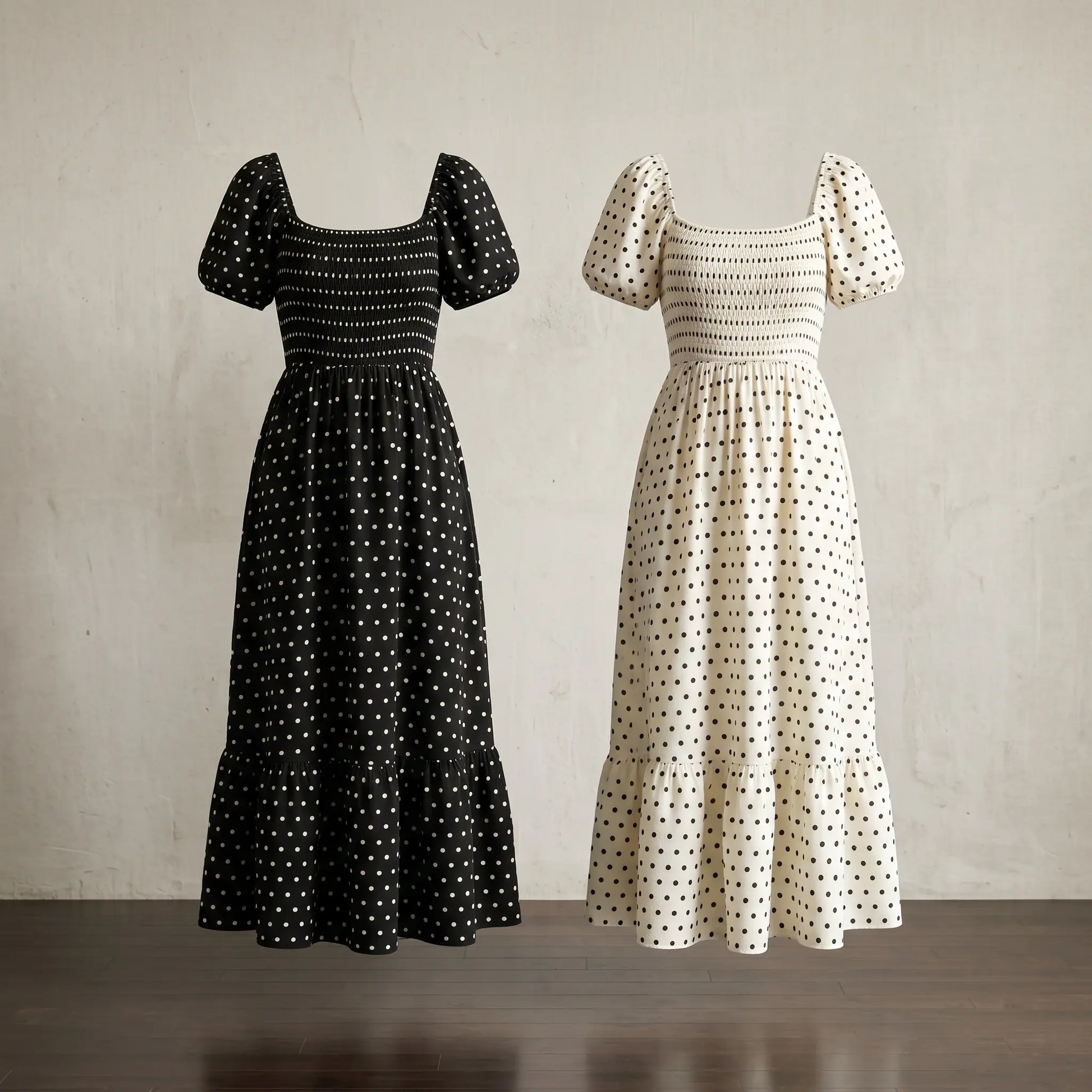 Front view of two Buzalo Romantic Polka Dot Smocked Maxi Dresses: one black with white polka dots and one ivory with black polka dots. Both feature square necklines, smocked bodices, short puff sleeves, and tiered ruffle hems.