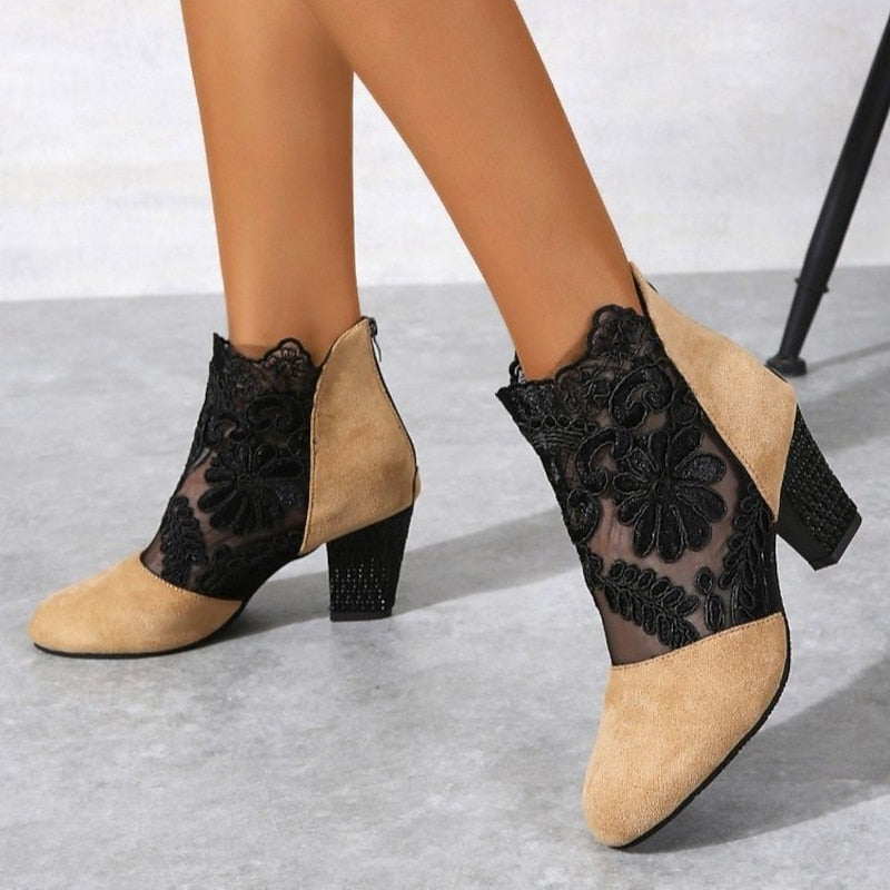 Lace-Accent Block Heel Ankle Boots