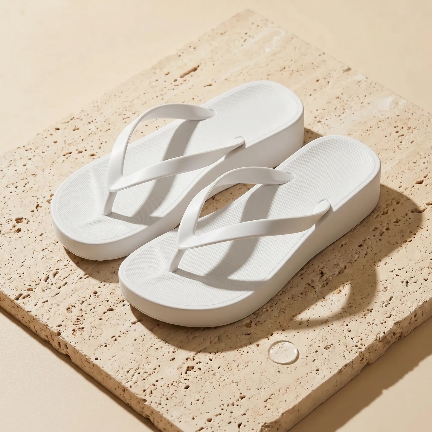 Kozwen pure white waterproof platform wedge flip-flops, featuring flexible PVC Y-straps, showcased on a light beige textured studio surface.