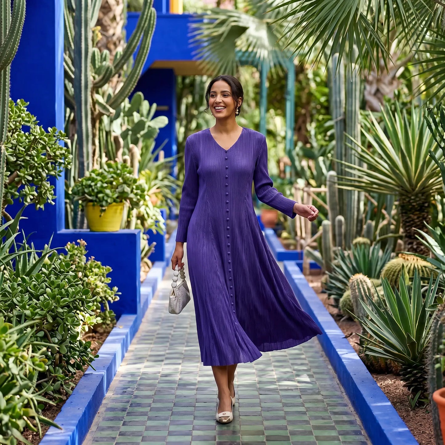 Model wears a purple Zethrin pleated V-neck midi dress with long sleeves and front buttons, walking through a vibrant botanical garden.