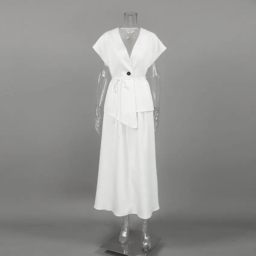 Xanthel - Elegant White Set, Belted Two-Piece