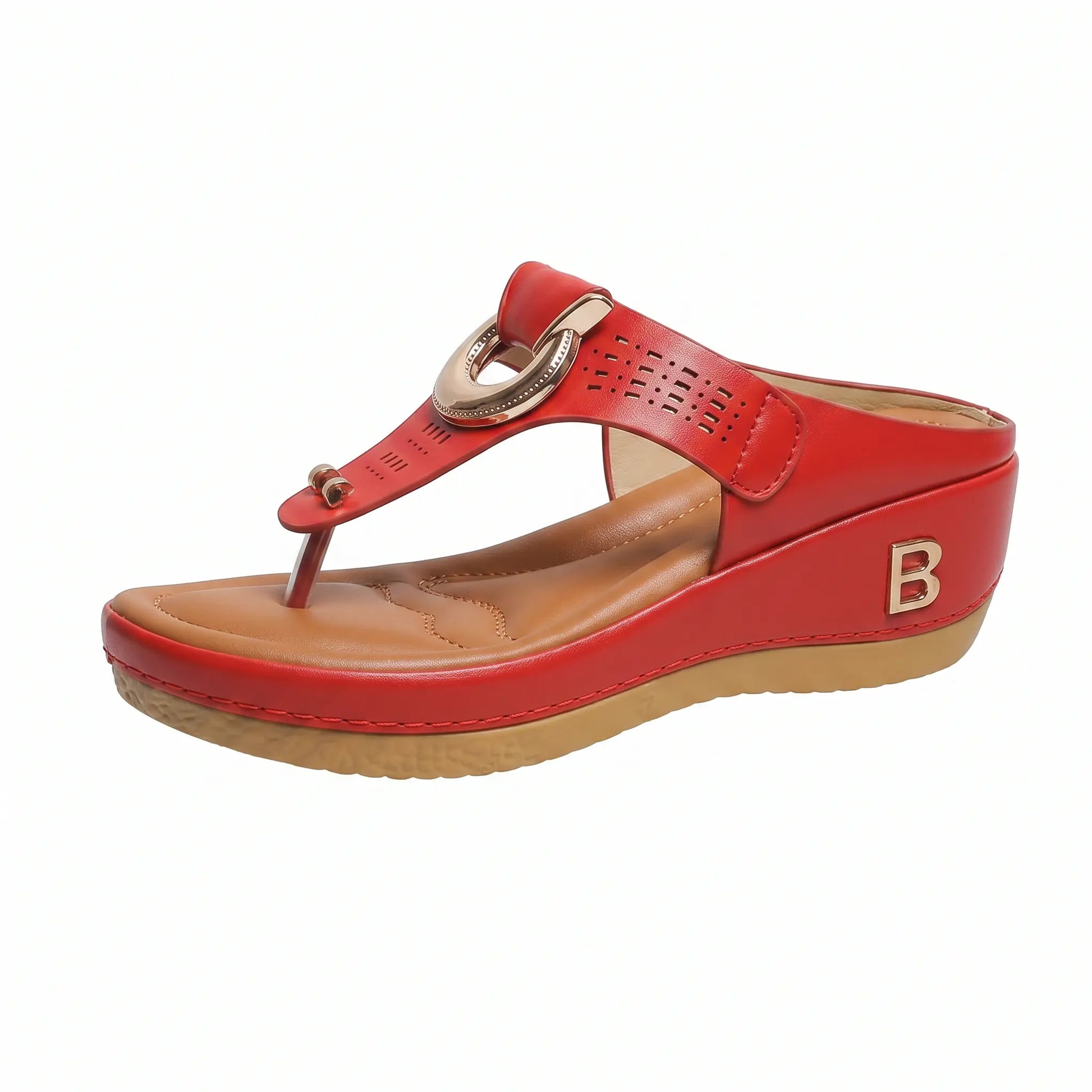 Vibrant red platform thong sandal with a perforated synthetic straw-like strap adorned with a gold-tone ring hardware and an embossed 'B' logo on the wedge heel.