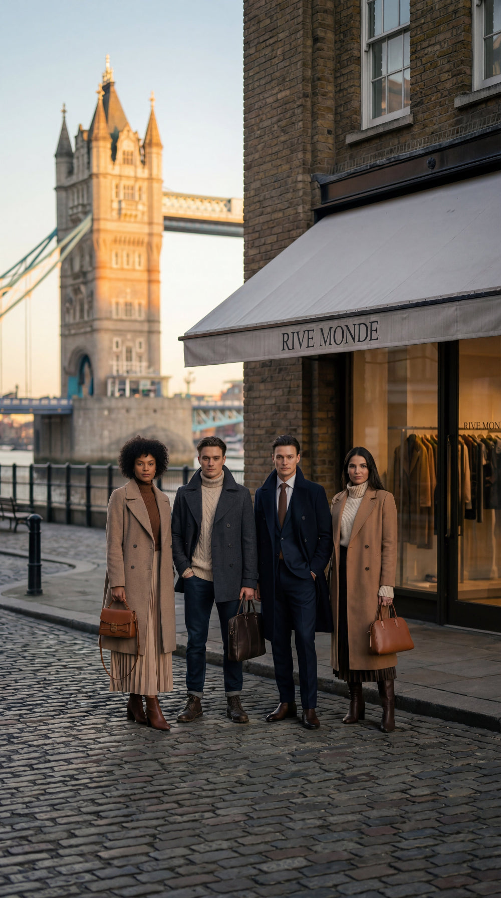 Four people standing on a street with Tower Bridge in the background, in front of a store named 'Rive Monde'.