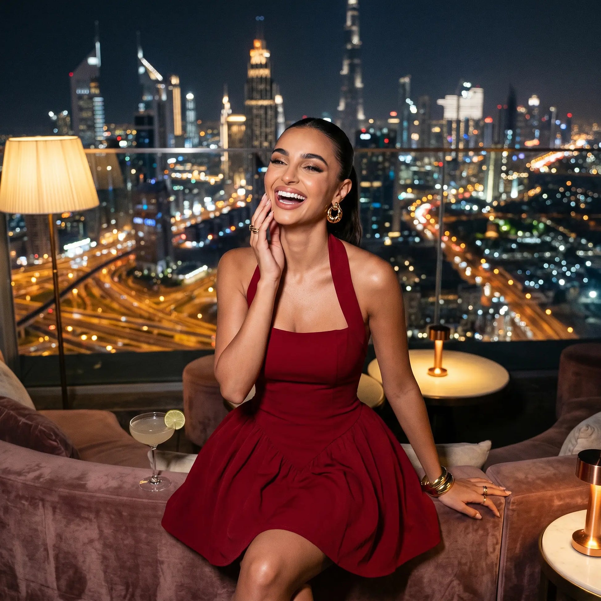Elegant model in a Bordeaux red halter neck mini dress with a V-shaped basque waist and voluminous gathered skirt, laughing while seated on a sofa overlooking a sparkling city skyline at night.