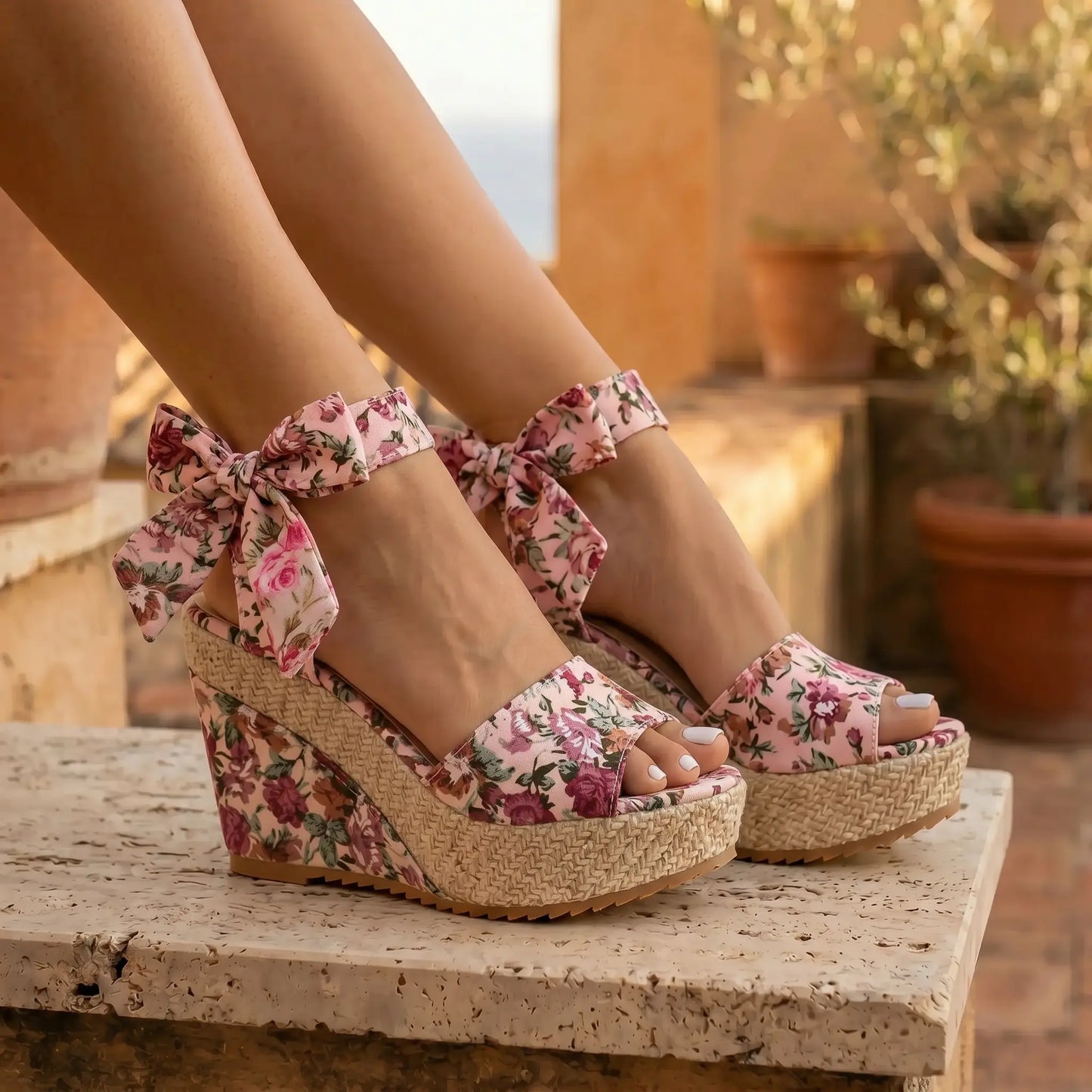 Elegant Rose Garden floral wedge sandals, featuring a peep-toe design, woven espadrille platform, and romantic ribbon ankle ties, worn outdoors.