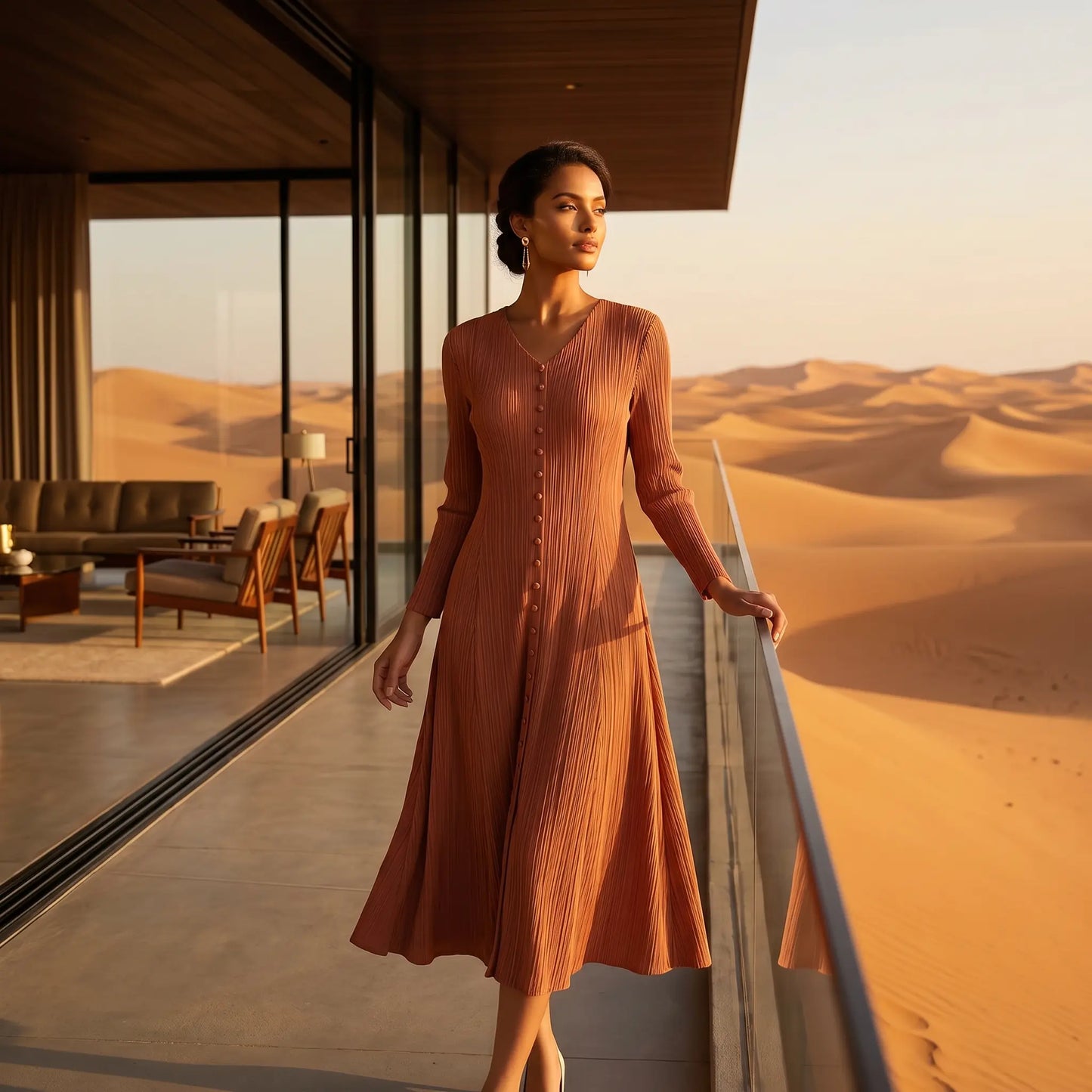 Model wearing a rose Zethrin pleated V-neck midi dress with long sleeves and front buttons, standing on a balcony overlooking golden sand dunes at sunset.
