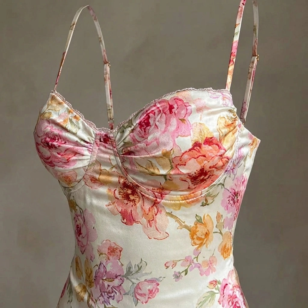 Roselle floral satin slip dress in cream featuring a structured corset-style bust, lace trim, and vintage pink rose print.