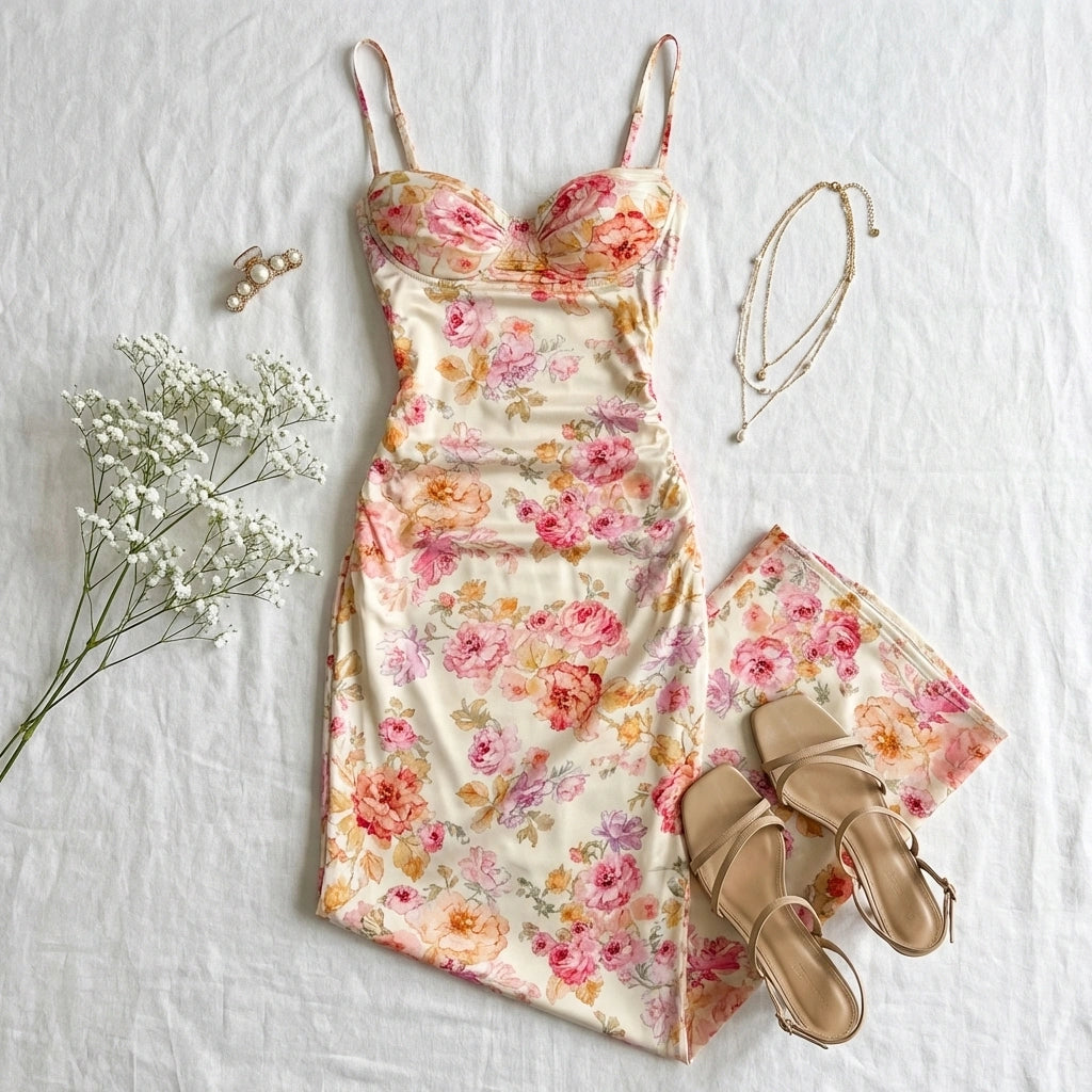 Roselle floral satin slip dress in cream with vintage rose print and corset bust, styled flat lay with beige sandals and gold jewelry.