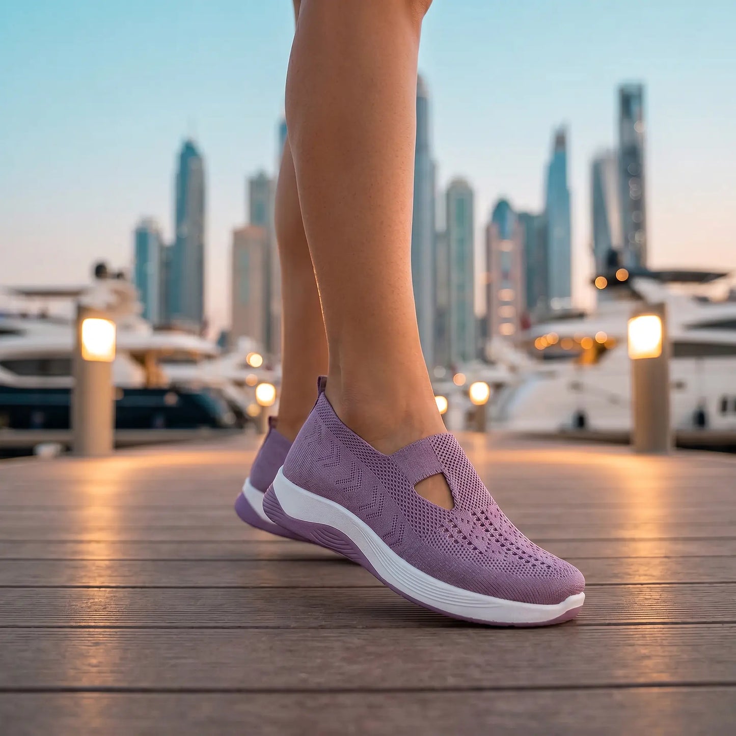 Person wearing Ruxen purple woven knit slip-on sneakers with white soles, walking on a wooden dock at a city marina during sunset.