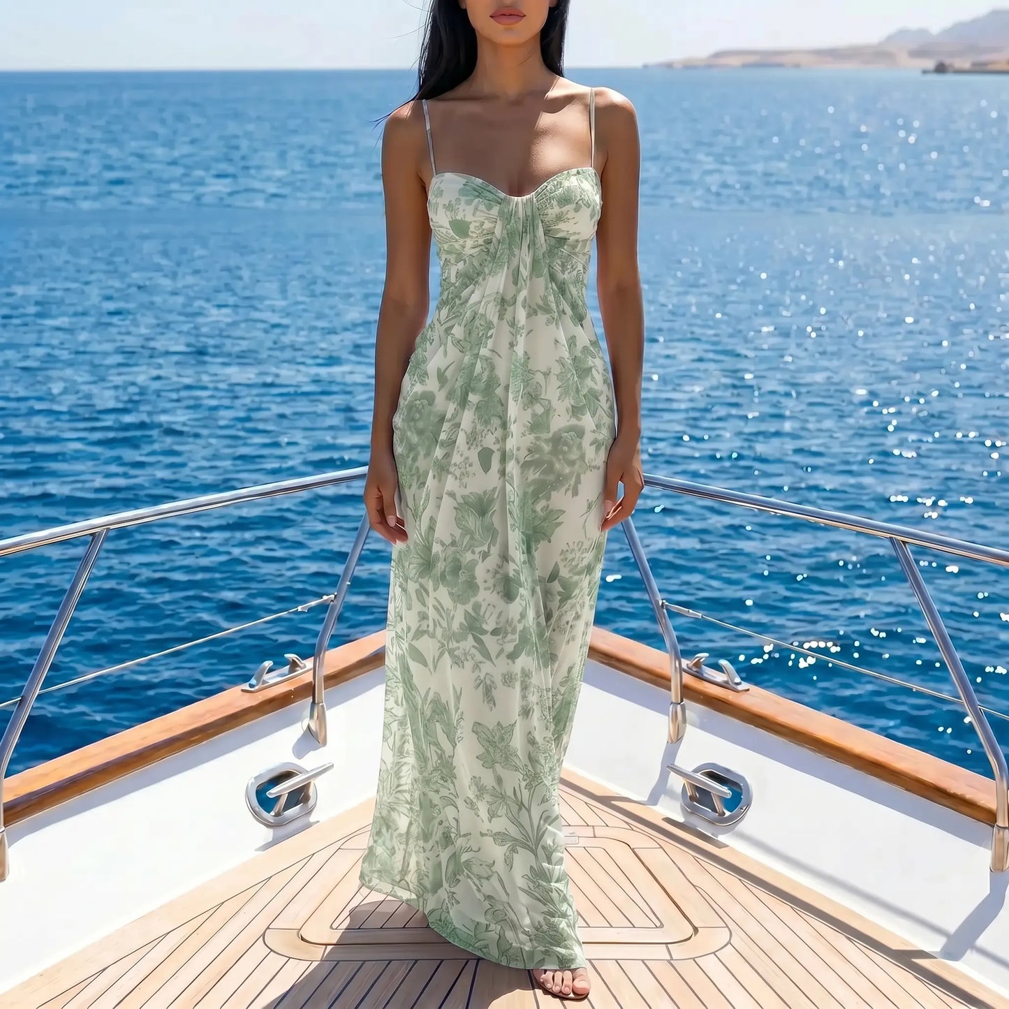 Zenthos Sage Botanical mesh floral maxi dress worn by a model on a yacht, featuring spaghetti straps and a gathered sweetheart bodice.