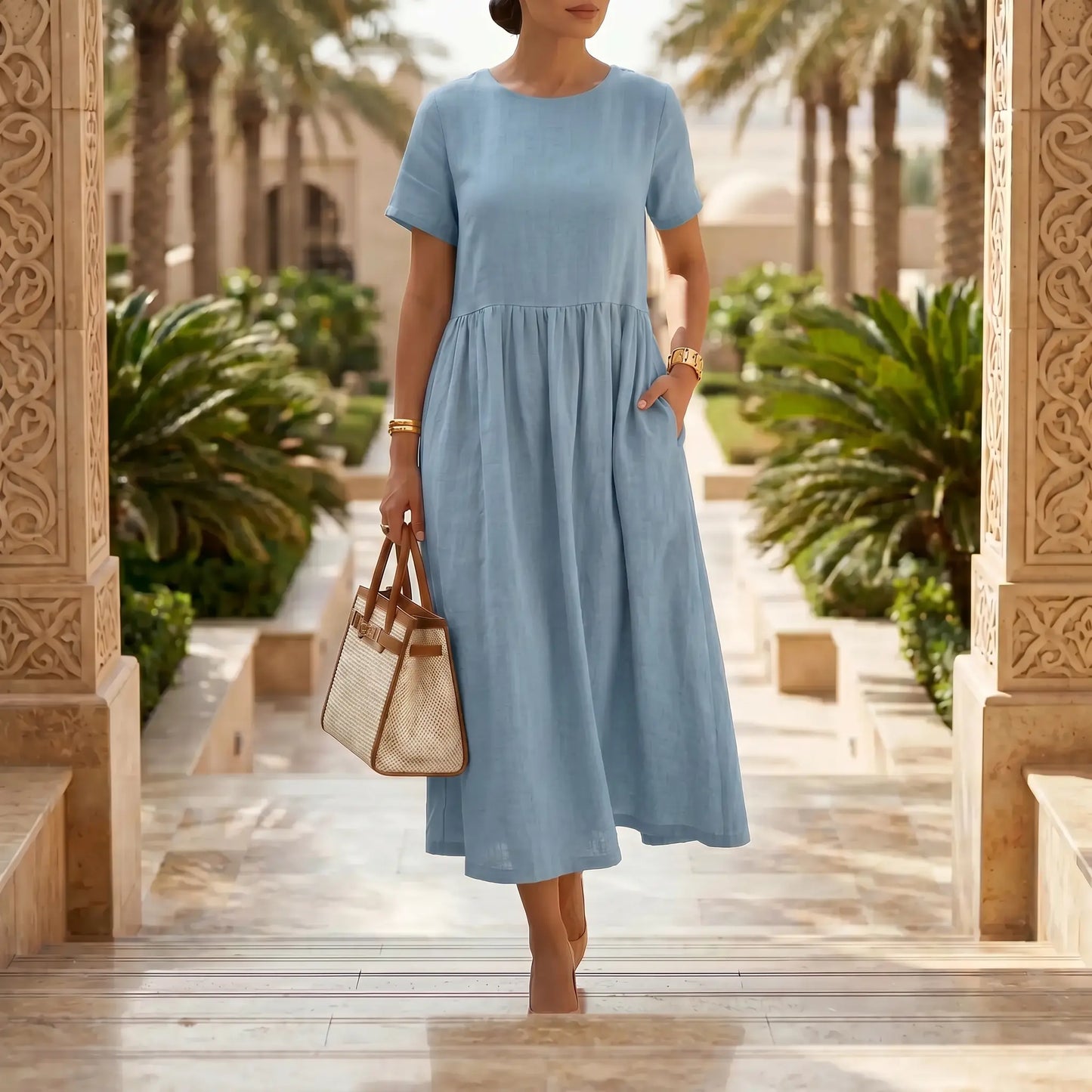 Model in a Kivori Sky Blue linen-blend midi dress, featuring a loose A-line silhouette, round neck, short sleeves, and gathered high waist. She walks outdoors, holding a straw bag.