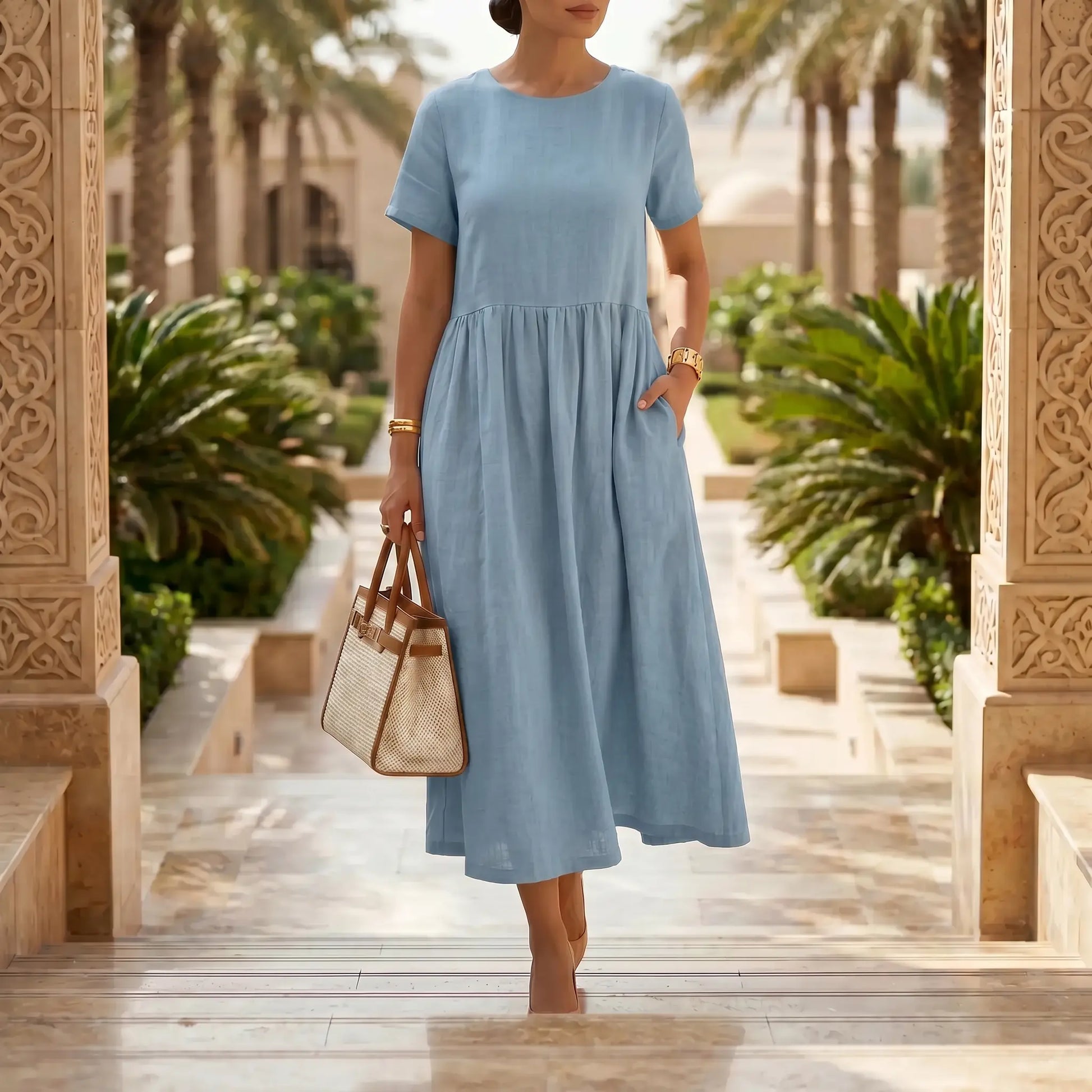 Model in a Kivori Sky Blue linen-blend midi dress, featuring a loose A-line silhouette, round neck, short sleeves, and gathered high waist. She walks outdoors, holding a straw bag.
