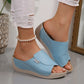 Sky blue women's matte synthetic leather slide sandals with an open toe and a single wide strap featuring a subtle 'Fashion' label, styled with ripped white jeans.