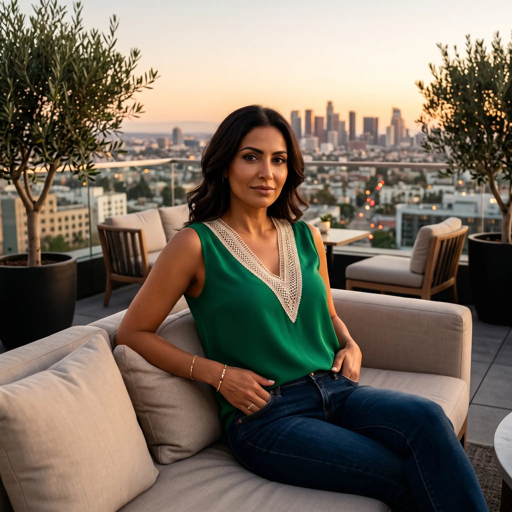 Model wearing a vibrant green sleeveless V-neck blouse with intricate beige crochet trim, seated on a plush sofa on a rooftop with a city skyline at sunset.