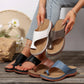 Collection of Svetik women's casual flat PU leather toe-post slides in multiple colors, including white, metallic grey, black, brown, and blue, shown in a lifestyle setting with a model wearing a pair.
