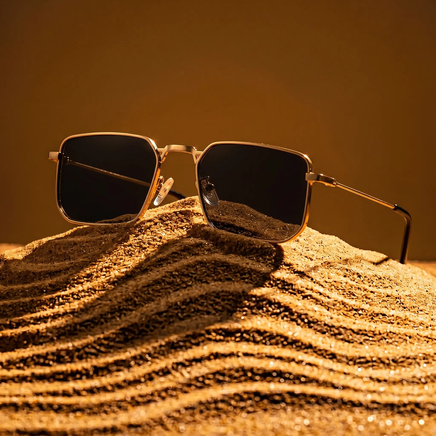 Tavren vintage square sunglasses featuring gleaming gold metal frames and dark grey lenses, artfully displayed on sculpted golden sand.