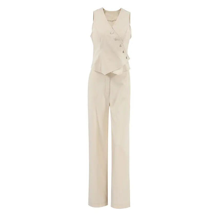 Women's beige linen blend set featuring a sleeveless vest with an asymmetrical wrap closure and V-neck, paired with full-length wide-leg trousers, displayed from the front.