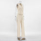 Elegant beige linen-blend women's set featuring a sleeveless vest with asymmetrical button closure and matching wide-leg trousers, shown in a three-quarter studio view.