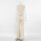 Back view of a women's two-piece set in soft beige linen blend, featuring a sleeveless vest and wide-leg trousers. The set is displayed on a mannequin against a white studio background.