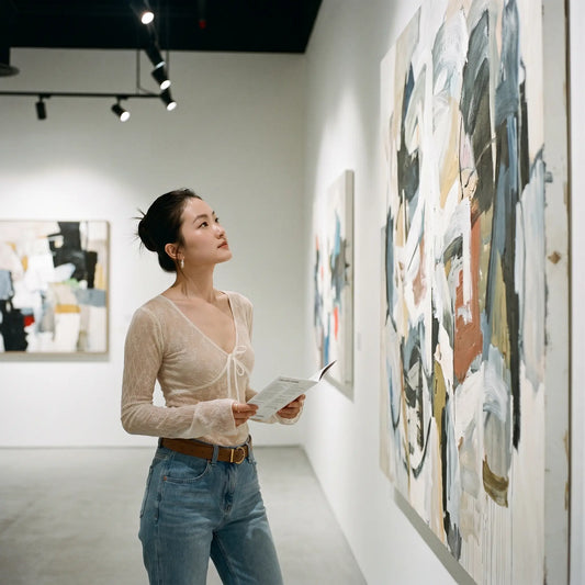 Woman wears a Tazuri sheer vintage cream floral lace tie-front top with a deep V-neck and flared sleeves, styled with blue jeans, admiring art in a gallery.