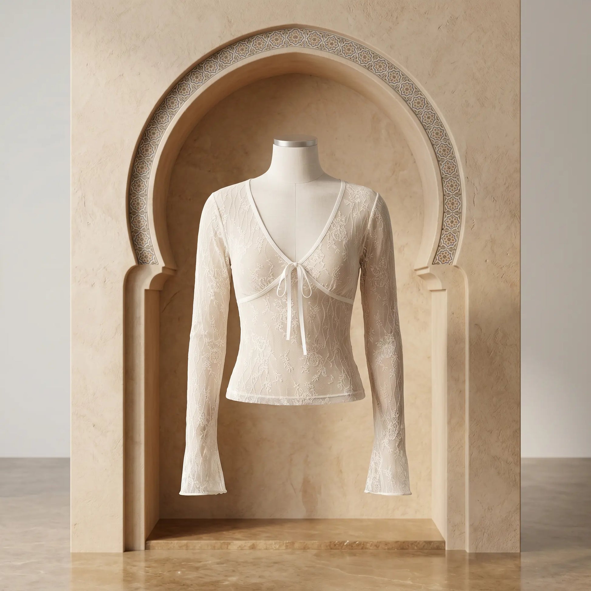 Vintage Cream Tazuri sheer floral lace tie-front top on a mannequin, featuring a V-neck, delicate ribbon tie, and elegant flared sleeves, displayed in a decorative studio alcove.