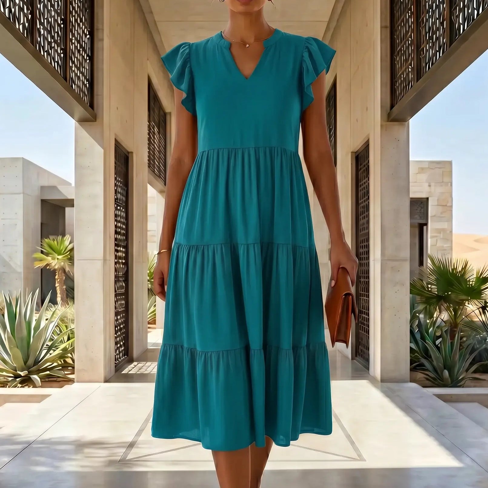 Elegant model wears a Teal Blue Torvun Ruffled Tiered Midi Dress. Features a V-neck, flutter cap sleeves, and a flowing three-tiered skirt, styled in a luxurious outdoor setting.