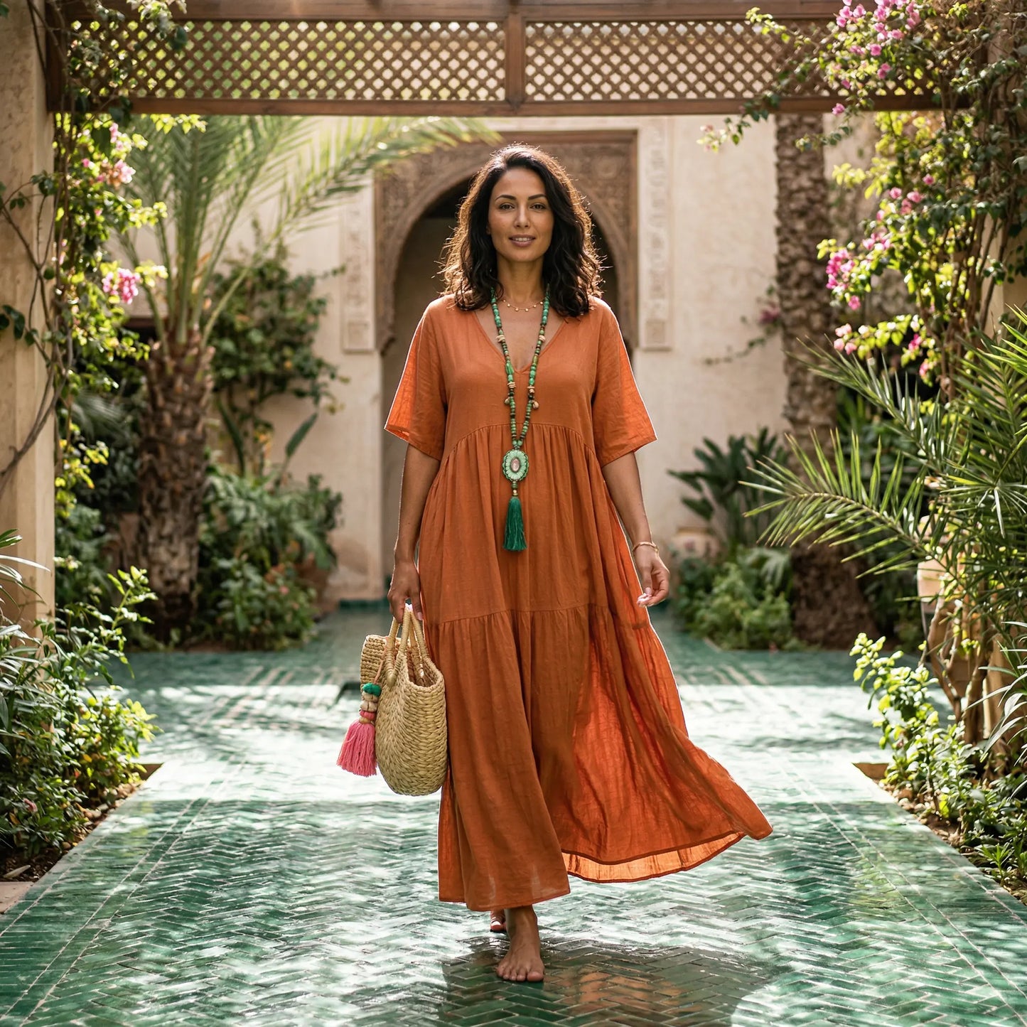 Model wearing a terracotta rust crinkled tiered maxi dress with V-neck and short sleeves, walking in a beautiful courtyard.