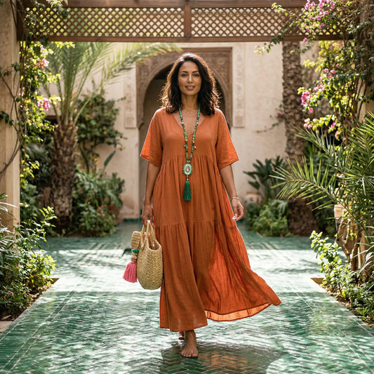 Model wearing a terracotta rust crinkled tiered maxi dress with V-neck and short sleeves, walking in a beautiful courtyard.