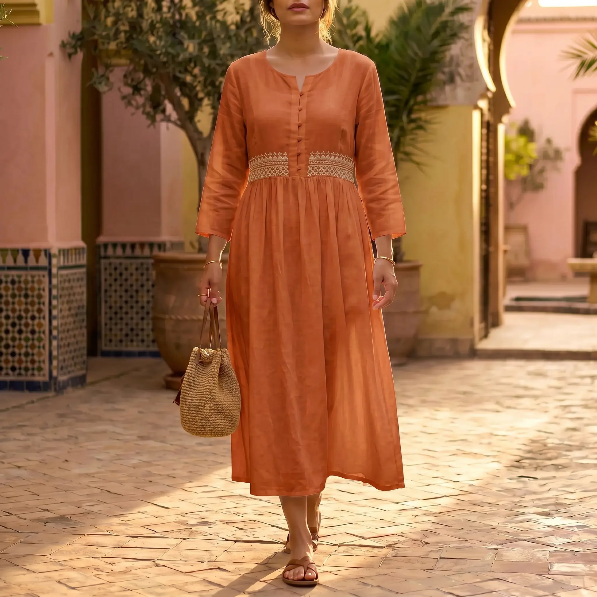 Elegant woman wearing a Terracotta Orange linen blend midi dress with white geometric embroidery at the empire waist, walking in a sunlit courtyard.