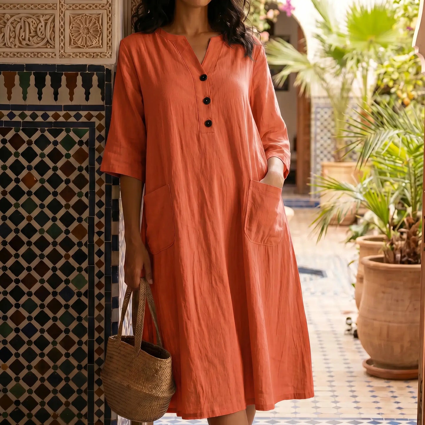 Woman models a vibrant terracotta V-neck midi dress with crinkled fabric, black button placket, half sleeves, and large front patch pockets, standing in a beautiful tiled courtyard.