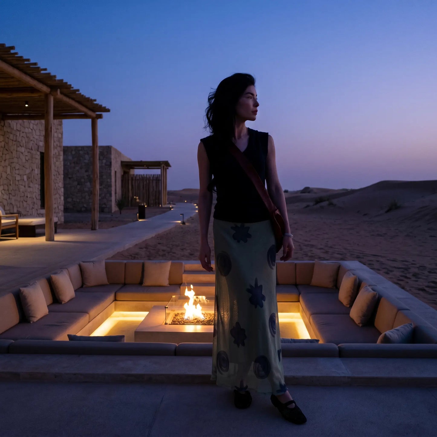 Female model in Thalwyn dark navy V-neck knit top and sage green abstract mesh maxi skirt, captured at dusk by an outdoor fire pit.
