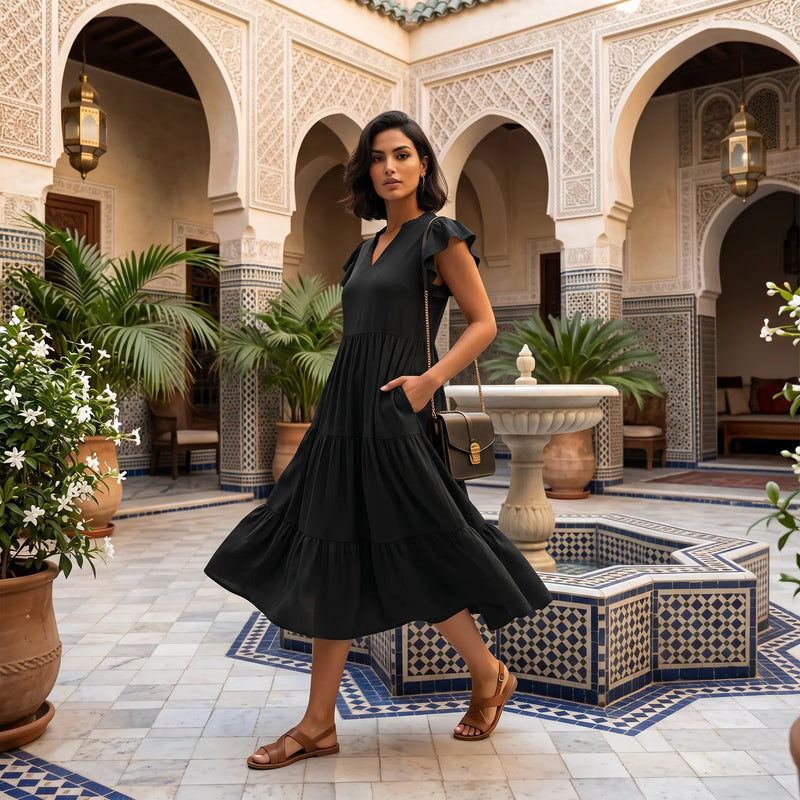 Elegant Torvun black tiered midi dress with ruffle cap sleeves and V-neck, worn by a model walking in a beautiful Moroccan-style courtyard, showcasing its flowing silhouette.