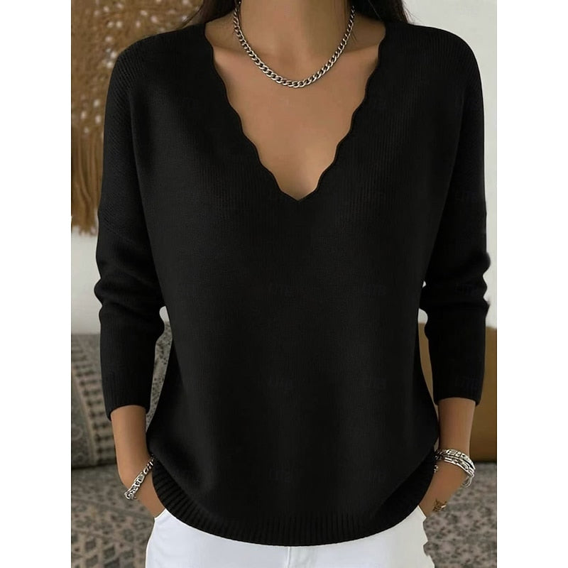 Scalloped V-Neck Pullover